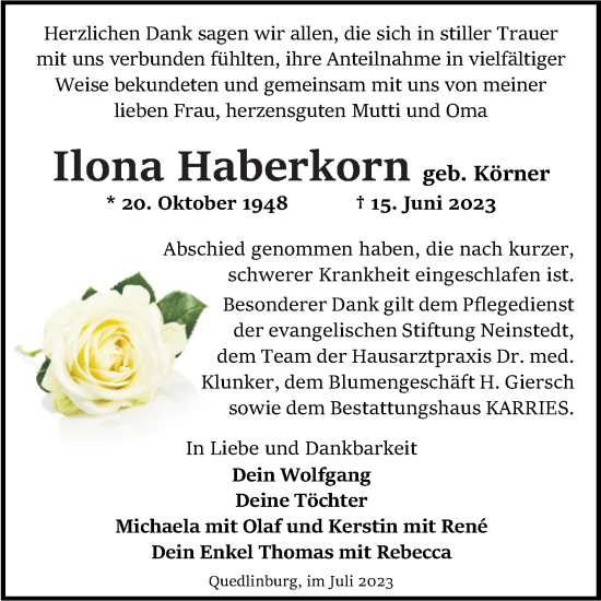 Traueranzeige von Ilona Haberkorn von Trauerkombi Quedlinburg