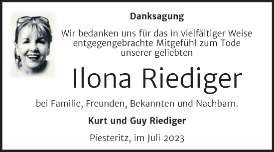Traueranzeige von Ilona Riediger von Trauerkombi Wittenberg