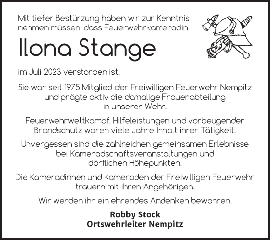 Traueranzeige von Ilona Stange von Trauerkombi Merseburg