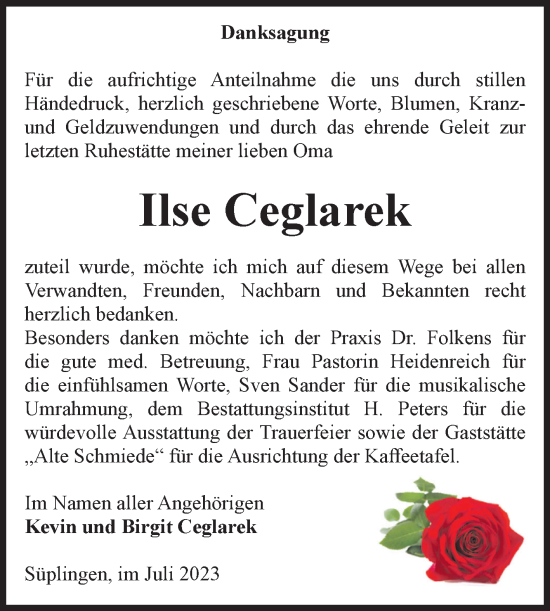 Traueranzeige von Ilse Ceglarek von Volksstimme Haldensleben/Wolmirstedt