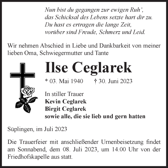 Traueranzeige von Ilse Ceglarek von Volksstimme Haldensleben/Wolmirstedt