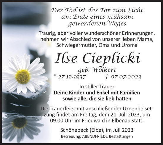 Traueranzeige von Ilse Cieplicki von Volksstimme Schönebeck