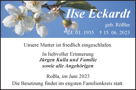 Traueranzeige von Ilse Eckhardt von Mitteldeutsche Zeitung Sangerhausen