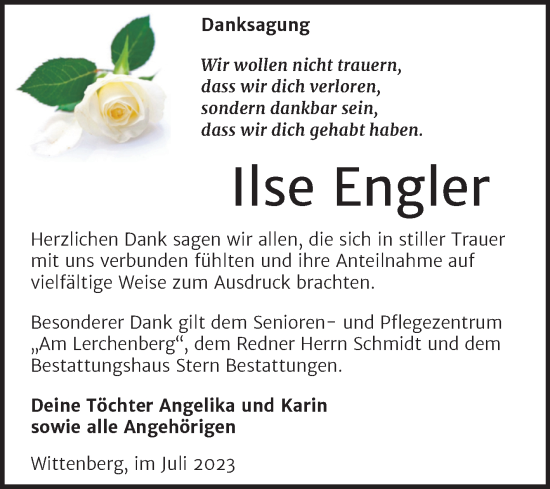 Traueranzeige von Ilse Engler von Trauerkombi Wittenberg