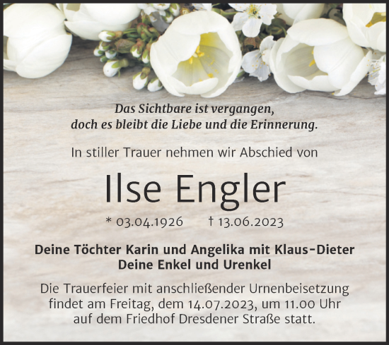 Traueranzeige von Ilse Engler von Trauerkombi Wittenberg