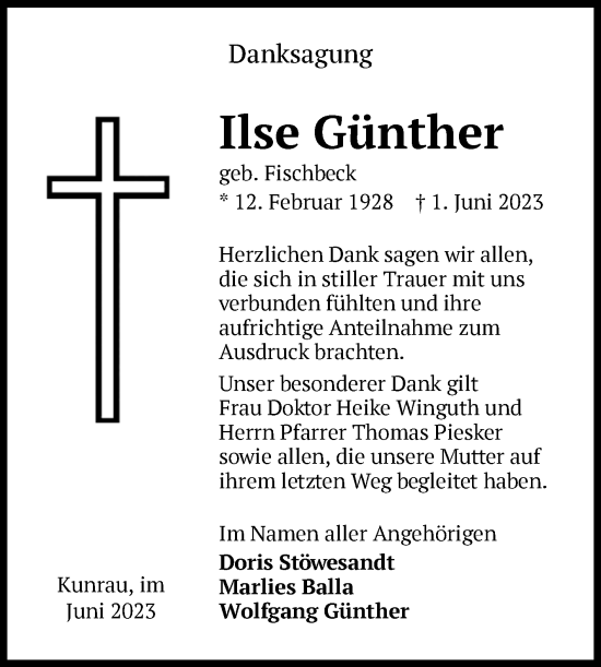 Traueranzeige von Ilse Günther von Volksstimme Altmark West