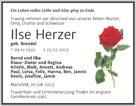 Traueranzeige von Ilse Herzer von Mitteldeutsche Zeitung Mansfelder Land