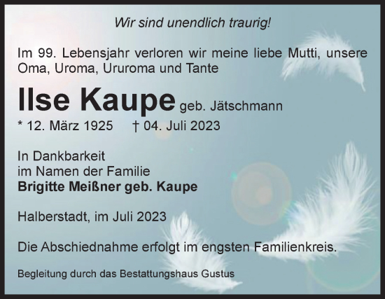 Traueranzeige von Ilse Kaupe von Volksstimme Halberstadt