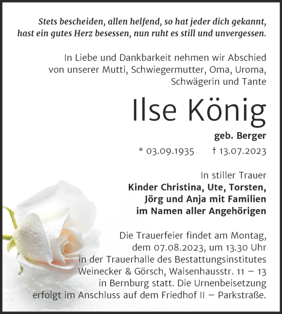 Traueranzeige von Ilse König von Trauerkombi Bernburg