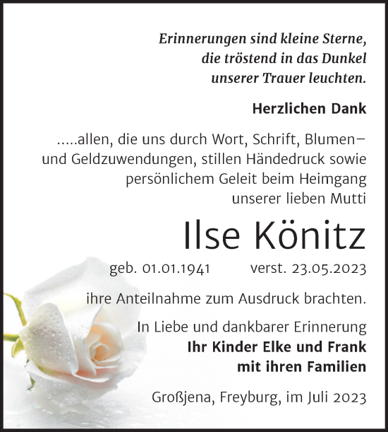 Traueranzeige von Ilse Könitz von Wochenspiegel Naumburg/Nebra