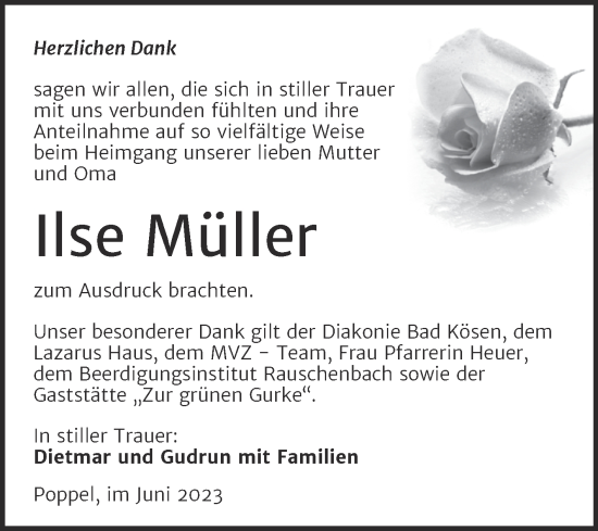 Traueranzeige von Ilse Müller von Wochenspiegel Naumburg/Nebra