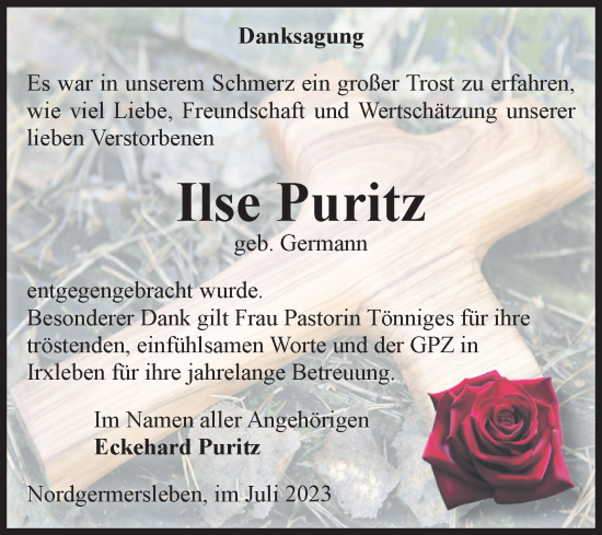 Traueranzeige von Ilse Puritz von Volksstimme Haldensleben/Wolmirstedt