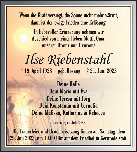 Traueranzeige von Ilse Riebenstahl von Trauerkombi Quedlinburg