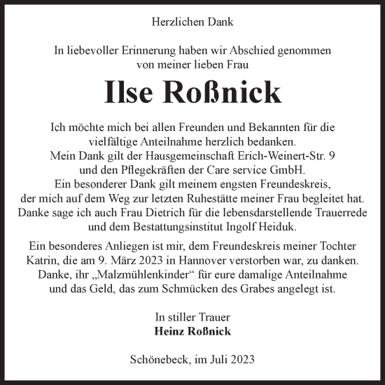 Traueranzeige von Ilse Roßnick von Volksstimme Schönebeck