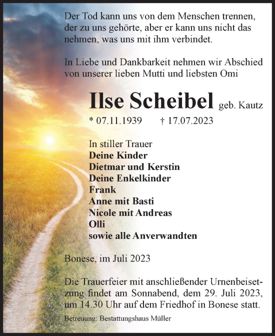 Traueranzeige von Ilse Scheibel von Volksstimme Altmark West