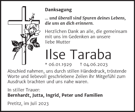 Traueranzeige von Ilse Taraba von Trauerkombi Merseburg
