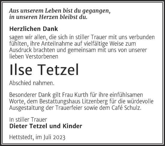 Traueranzeige von Ilse Tetzel von Trauerkombi Mansfelder Land