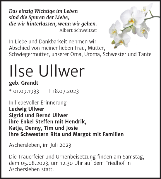 Traueranzeige von Ilse Ullwer von Trauerkombi Aschersleben
