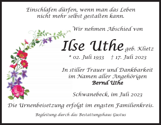 Traueranzeige von Ilse Uthe von Volksstimme Halberstadt