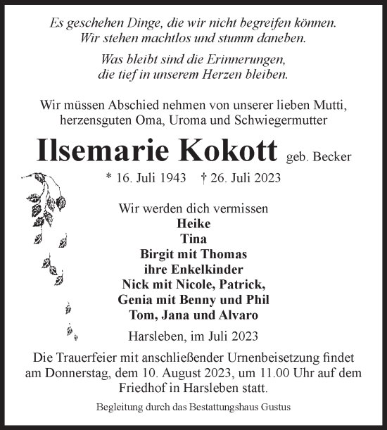 Traueranzeige von Ilsemarie Kokott von Volksstimme Halberstadt