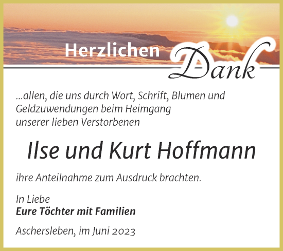 Traueranzeige von Ilse und Kurt Hoffmann von Trauerkombi Aschersleben
