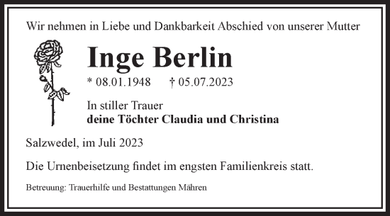 Traueranzeige von Inge Berlin von Volksstimme Altmark West