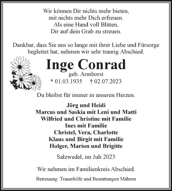 Traueranzeige von Inge Conrad von Volksstimme Altmark West