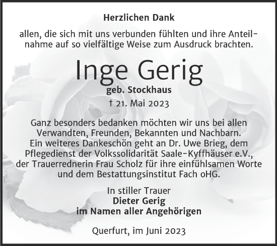 Traueranzeige von Inge Gerig von Trauerkombi Merseburg