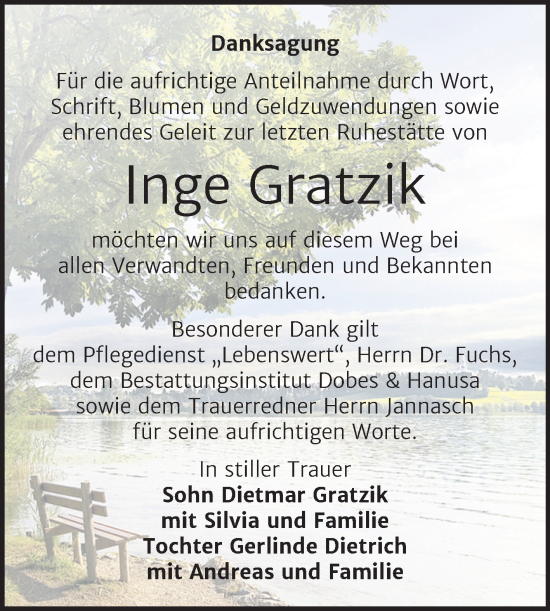 Traueranzeige von Inge Gratzik von Trauerkombi Bernburg