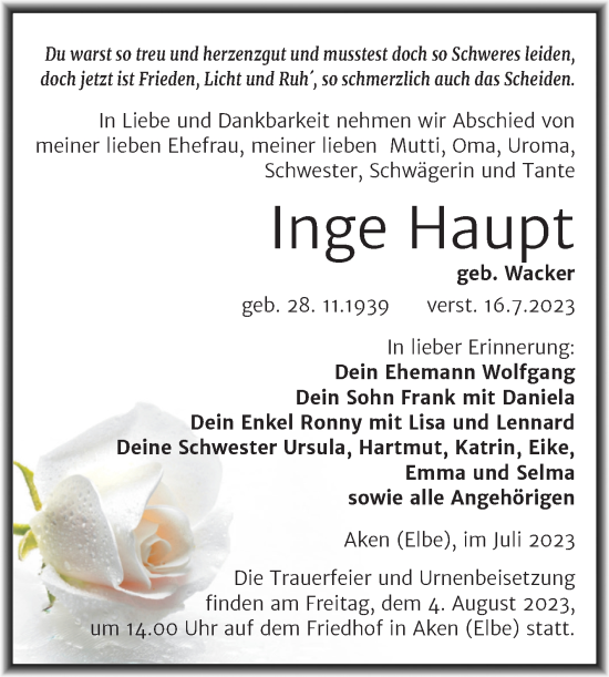 Traueranzeige von Inge Haupt von Trauerkombi Köthen
