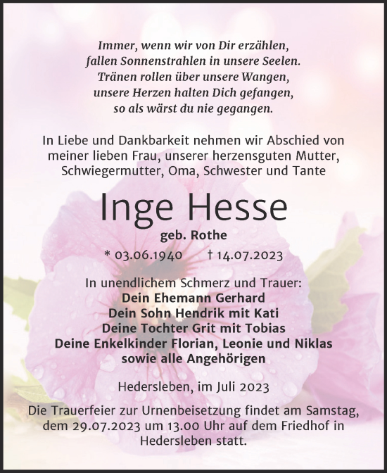 Traueranzeige von Inge Hesse von Trauerkombi Mansfelder Land