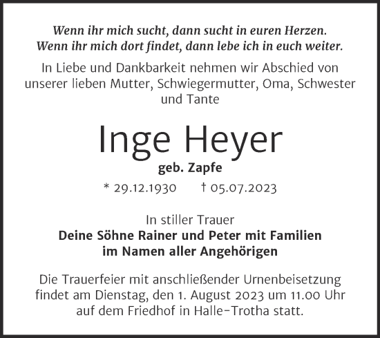 Traueranzeige von Inge Heyer von Mitteldeutsche Zeitung Halle/Saalkreis