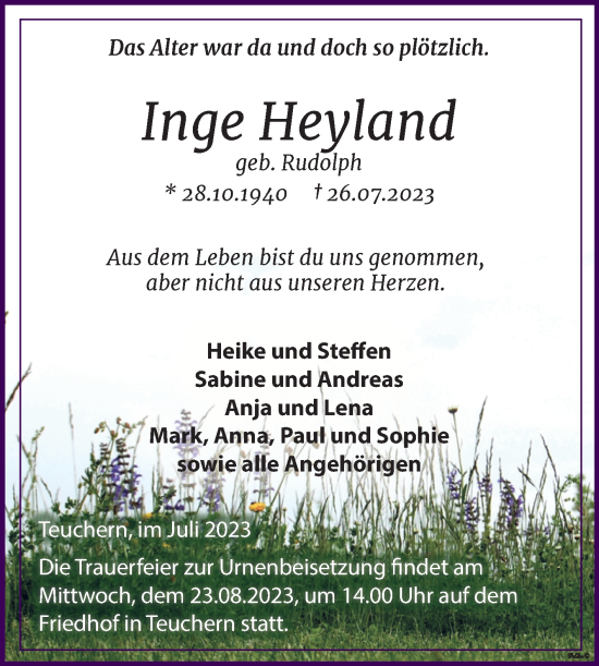 Traueranzeige von Inge Heyland von Trauerkombi Weißenfels