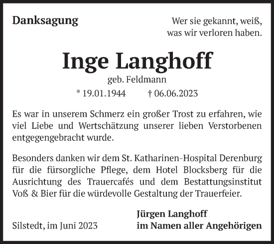 Traueranzeige von Inge Langhoff von Volksstimme Wernigerode