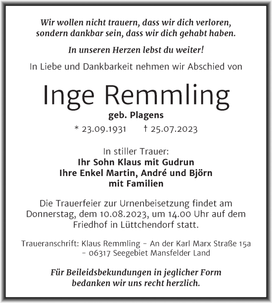 Traueranzeige von Inge Remmling von Trauerkombi Bitterfeld