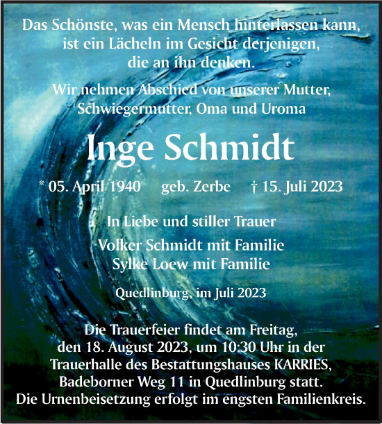 Traueranzeige von Inge Schmidt von Trauerkombi Quedlinburg