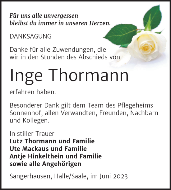 Traueranzeige von Inge Thormann von Trauerkombi Sangerhausen