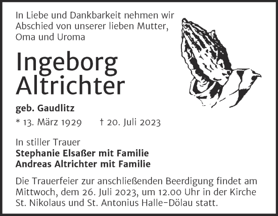 Traueranzeige von Ingeborg Altrichter von Mitteldeutsche Zeitung Halle/Saalkreis