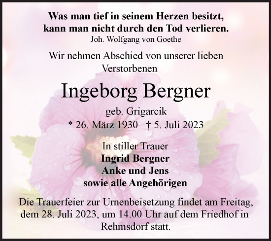 Traueranzeige von Ingeborg Bergner von Trauerkombi Zeitz