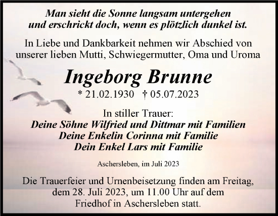 Traueranzeige von Ingeborg Brunne von Trauerkombi Aschersleben