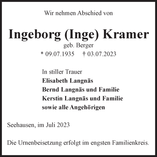 Traueranzeige von Ingeborg Kramer von Volksstimme Altmark Ost