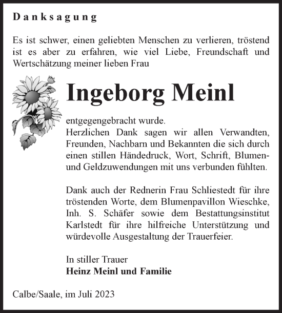 Traueranzeige von Ingeborg Meinl von Volksstimme Schönebeck