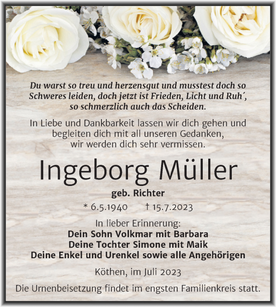 Traueranzeige von Ingeborg Müller von Trauerkombi Köthen