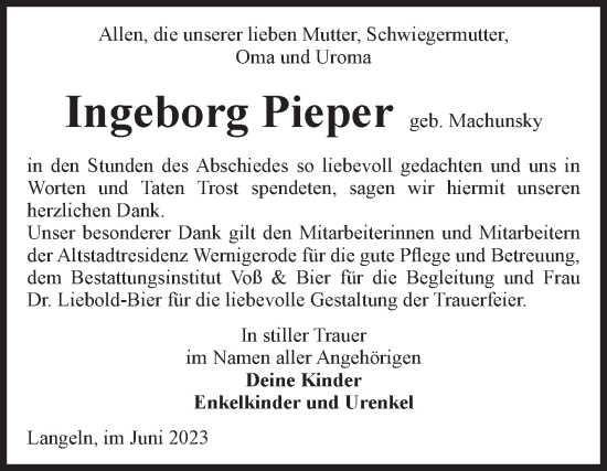 Traueranzeige von Ingeborg Pieper von Volksstimme Wernigerode