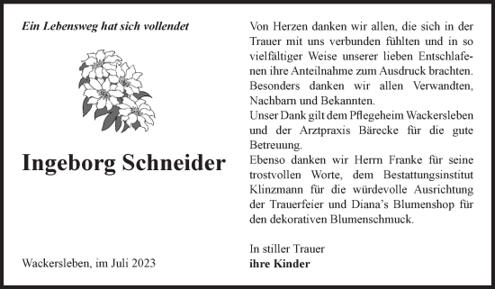 Traueranzeige von Ingeborg Schneider von Volksstimme Oschersleben/Wanzleben