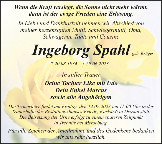 Traueranzeige von Ingeborg Spahl von Trauerkombi Dessau