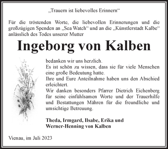 Traueranzeige von Ingeborg von Kalben von Volksstimme Altmark West