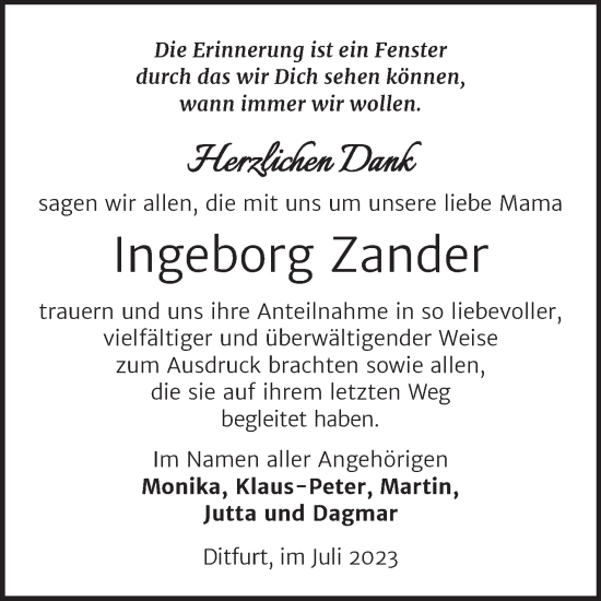 Traueranzeige von Ingeborg Zander von Trauerkombi Quedlinburg