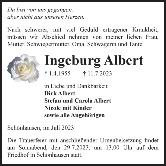 Traueranzeige von Ingeburg Albert von Volksstimme Altmark Ost