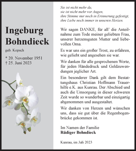Traueranzeige von Ingeburg Bohndieck von Volksstimme Altmark West